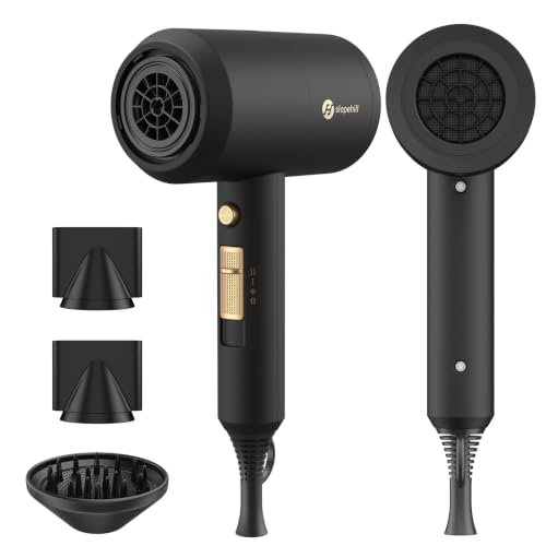 slopehill Professional Ionic Hair Dryer, Powerful 1800W Fast Drying Low Noise Blow Dryer with 2 Concentrator Nozzle 1 Diffuser Attachments for Home Salon Travel (Black)