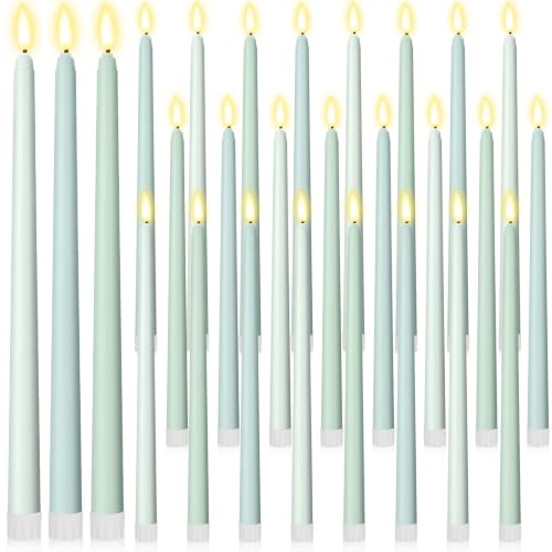 Image of Macarrie 24 Packs Flameless Taper Candles Battery LED 11 inch,Morandi Blue | Fake Candlelight Flameless Candlesticks Flickering Tapered for Weddings, Parties, Decor, Summer Fall Event