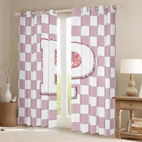 Image of Erosebridal Pink Initial P Blackout Curtains for Kids Girls Bedroom Kawaii Plaid Checkered Window Curtains 2 Panels 52 inchWx84 inchL Cute Personalized Monogram Drapes,Fashion Grids Gingham Window Treatments