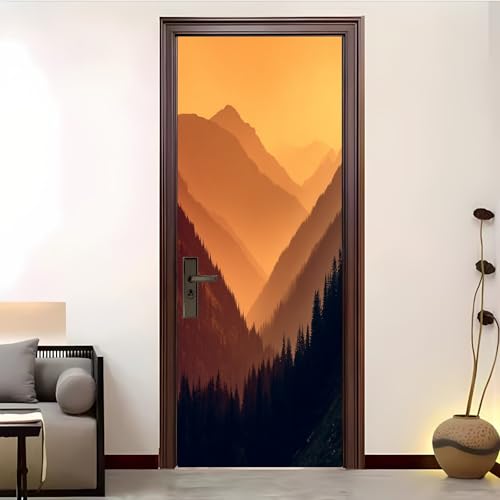 Autoadhesivo Pegatinas Para Puertas 83x204 cm Bosque Atardecer MontañAs Pegatinas Impermeables, Amarillo 3D Vinilos Pegatina para Puertas DecoracióN Del Hogar BañO u Oficina
