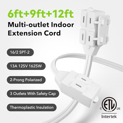 BN-LINK 3-Outlet Indoor Extension Cord, 6/9/12 ft Variety 3-Pack, 16/2 SPT-2, 2 Prong Polarized Plug, White Household Power Cord for Home, Office & Holiday Decorations - Thumbnail 5
