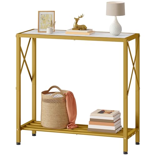 Tajsoon Mesa de entrada, pequeña consola de 2 niveles con estantes para pasillo, salón, pasillo, oficina, oro y blanco