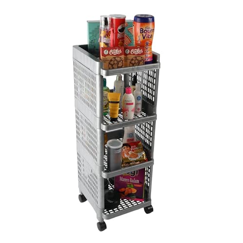 Image of Kuber Industries Pack of 6 Storage Rack with Wheels | 4-Layer Storage Organizer Rack | Kitchen Spice Rack | Multipurpose Layer Storage Rack for Home and Office | Office Storage Trolley | Grey