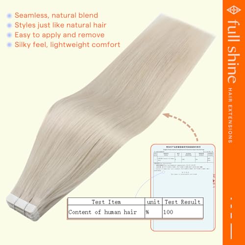 Image of Full Shine Tape in Extensions Human Hair, Platinum Blonde 16 Inch | 100g 40PCS, Seamless Skin Weft Hair Extensions Tape In, Double Sided Design Brazilian Style Skin Weft Natural Finish
