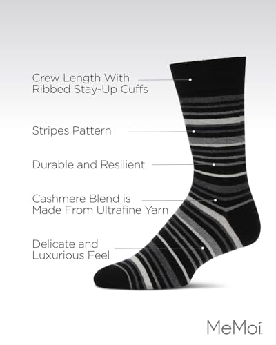 MeMoi Men's Slick Stripes Luxuriously Soft Cashmere Blend Crew Socks Black 10-133