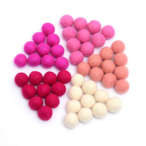 Image of Glaciart One Wool Felt Balls (50 Pieces) 2.5 Centimeters - 1 Inch, Handmade Felted 5 Valentines Colors (Baby Pink, Medium Pink, Magenta and More) - Bulk Small Puff for Felting and Garland