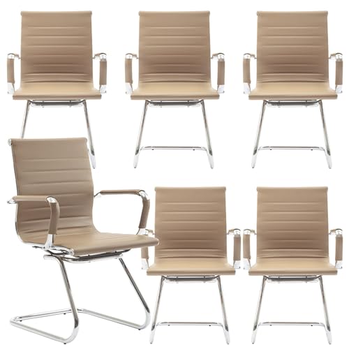 Image of Waiting Room Chairs Set of 6, Office Desk Chair No Wheels, PU Leather Computer Chairs Mid Back Guest Chairs for School Reception Conference, Light Brown