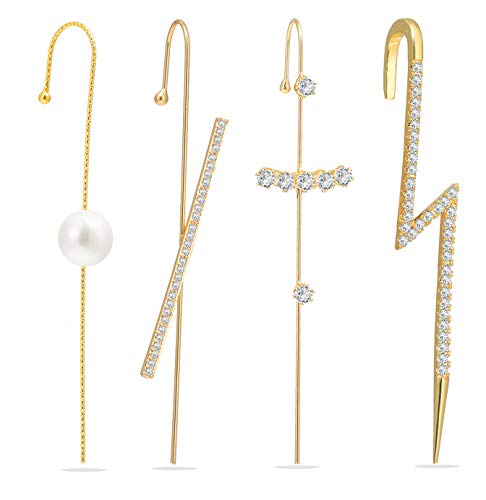 4pcs Ear Cuffs Crawler Hook Earrings for Women Gold Hypoallergenic Piercing Ear Wrap Climbers Earrings Simple Pearl Cubic Zirconia Rhinestone Hoop Earrings