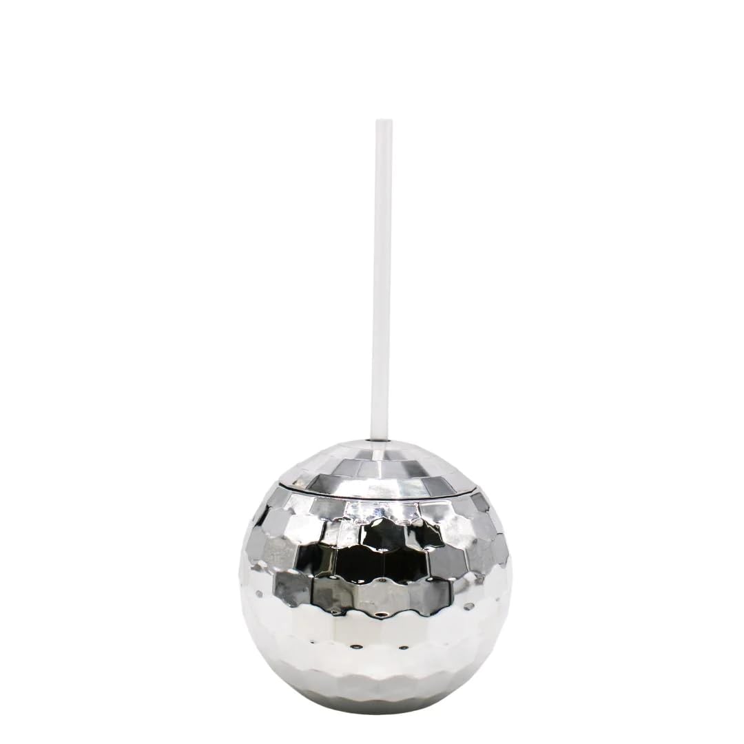 20oz Silver Disco Ball Glass with Lid and Straw Each