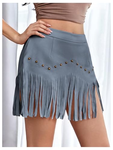 Women's Faux Suede Fringe Short Skirt High Waisted Cowgirl Western Hippie Tassel Skirts3