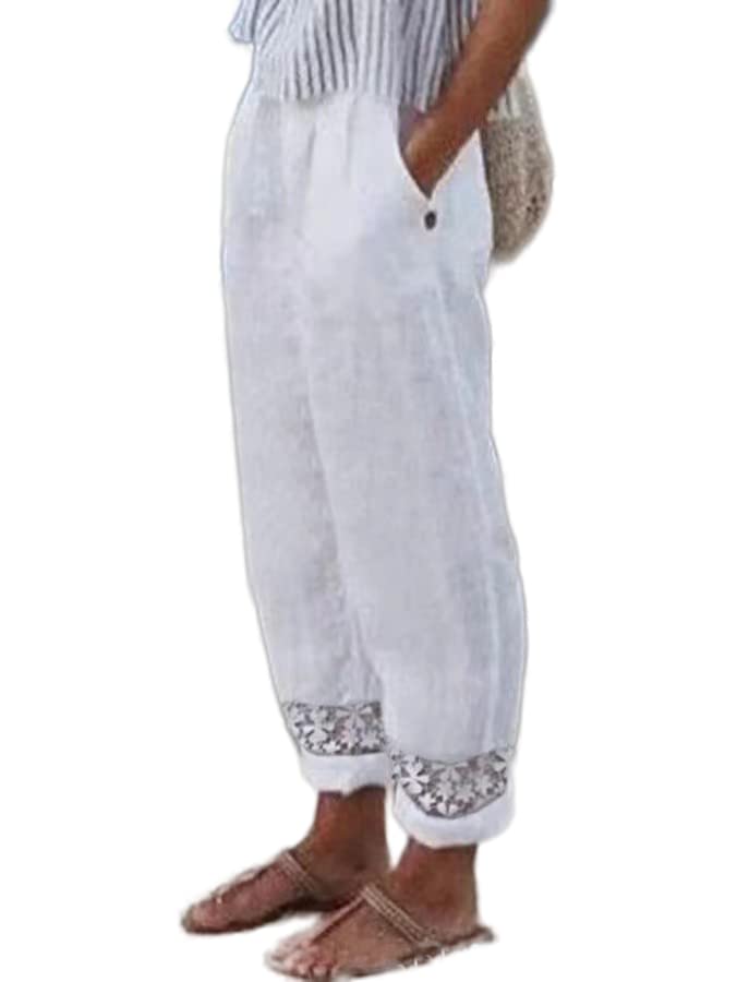 Akivide Womens Cotton Linen Pants Elastic High Waist Lace Comfy Loose Summer Beach Pants with Pockets