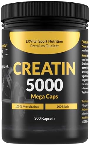 Creatin 5000 Mega Caps, 5000 mg Creatin Monohydrat pro Tagesdosis, 300 vegane Kapseln, 100% rein mit Mesh Faktor 200- Vegan & laborgeprüft