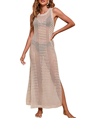 shermie Women's Sleeveless Crochet Dress Loose Side Slit Casual Long Beach Swimsuit Cover Up Beige Small