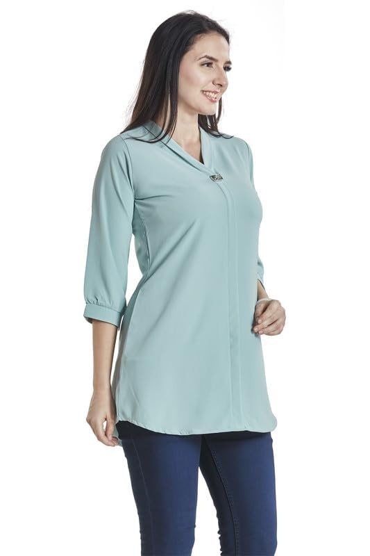 Image of nioni Women's Purple Poly Linen Blend Tunic Top with 3 /4 Sleeves, Printed Yoke, Kantha Stitch Detailing & Mandarin Collar
