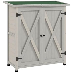 Outsunny Gartenschrank Holz, Geräteschuppen wetterfest 110 x 55 x 117 cm, Gerätehaus mit Tür, Pultdach, Ablagen, Geräteschrank, Gartenhaus Werkzeugschrank Gartenschuppen für Garten Terrasse Hellgrau