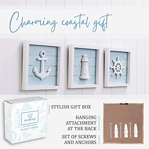 TideAndTales 3D Nautical Wall Decor (7"x7"), Coastal Theme Home Decorations with Anchor, Lighthouse and Ship Wheel, Rustic Ocean Inspired Bathroom Decor - Nautical Gifts - Framed Set of 3 - Image 6