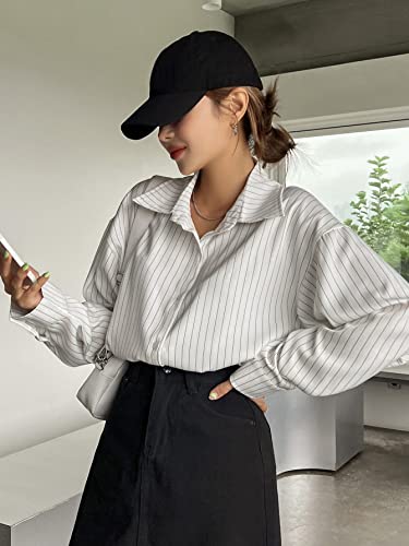 Image of Aahwan Solid Button Up Drop Shoulder Vertical Stripe Pattern Casual Long Sleeve Shirt for Women's & Girl's