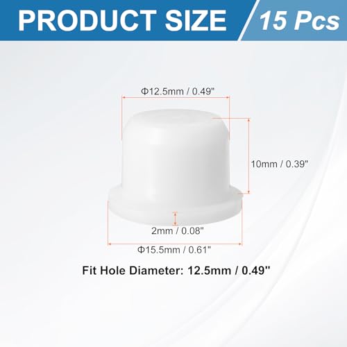 Image of uxcell 15Pcs Silicone Hole Plug, Waterproof Solid T-Shaped Rubber Stoppers Bottle Seal Tube Pipe Plug End Cap for 12.5mm /0.49 inch Hole for Bathtub Bottle, 0.39 inch Plug Height, White