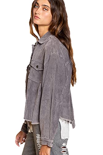 POL Clothing Women Vintage Corduroy Jacket with raw Edge Detai color Grey3