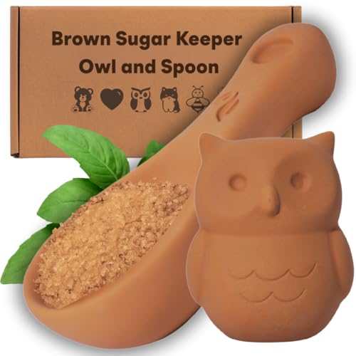 Image of Sifri 3D Brown Sugar Keeper 2-in-1 Set - Terracotta Clay Owl & Spoon Saver Softener - Cute Kitchen Storage & Freshness Holder for Sugar - Gift for Bakers (2, Owl and Spoon)