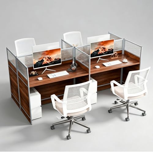 4-Person Office Cubicle Desk,Office Cubicle Workstation with Privacy Panels & Cable Management,Collaborative Staff Desk with Mute Dividers,Durable for Home, Office,Commercial Workspace (Walnut)
