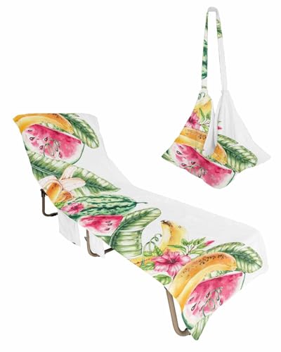 Summer Watermelon Beach Lounge Chair Towel Cover, Soft Chaise Lounge Towel with Side Pockets Patio Pool Chairs Cover for Beach/Pool Sunbathing 29x85 Watercolor Botanical Green Red