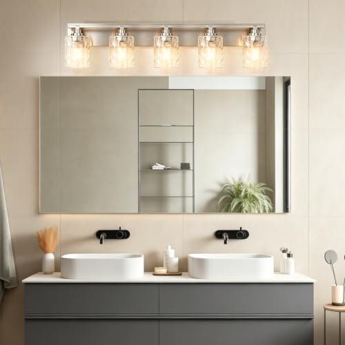 Image of Bathroom Light Fixtures,5-Light Brushed Nickel Vanity Lights Over Mirror | Modern Wall Light,Clear Ripple Glass Shade,Sturdy Metal Frame,For Bathroom Remodel,Easy Install,E26 Socket,ETL-Listed 36-inch