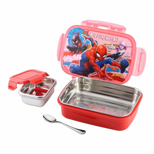 Image of SKi Homeware SnapLock Lunch Box for Kids with Stainless Steel Removable Inner Container +125ml dabbi + Spoon | Leak Resistant | Genuine Character Merchandise | Perfect for Birthday Gifts - Spiderman