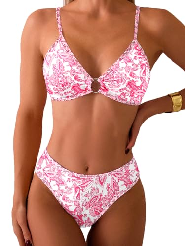 Image of Fanuerg Women's Triangle Bikini Sets O Ring Linked Two Piece Swimsuits Floral Printed Cheeky Bathing Suit
