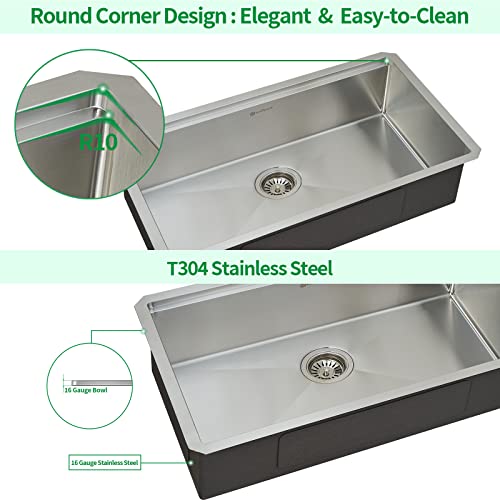 Ecochannels Undermount Kitchen Sink, 33 X 19 Inch Sink Kitchen 16 Gauge Stainless Steel Kitchen Sinks Single Bowl Workstation Sink With Cutting Board #TOP5