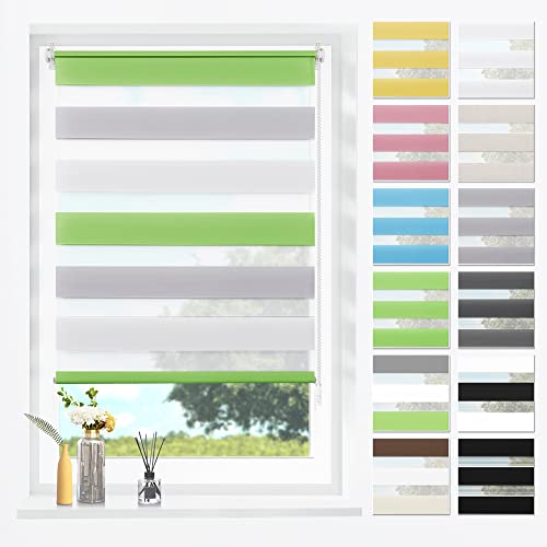 SBARTAR Doppelrollo Klemmfix Duo Rollos für Fenster ohne Bohren & zum Bohren,Grün-grau-weiß B45 x H130 cm (Stoffbreite 45cm) Lichtdurchlässig Klemmrollo Fensterrollo ZeBrarollo