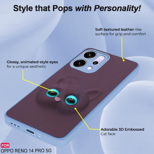 Image of AESTMO Back Case Cover for Oppo Reno 14 Pro 5G Back Cover | 3D Cat Cover | Leather Finish | Full Body Protection | Camera Protection Back Cover for Oppo Reno 14 Pro 5G (Purple)