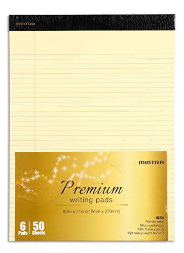 Image of Mintra Office Canary Legal Pads - Premium Quality Heavyweight Paper With Micro-perforated sheets, Smooth-lined paper, Ideal for Office Tasks, Assignments or Notes, Meetings, and Journaling, 6 pack, Yellow Paper, Narrow Ruled, Premium Writing Pad, 8.5 inchx11 inch