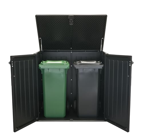 Koll Living Mülltonnenbox Soraya mit 775 Liter aus Kunststoff in Holzoptik – abschließbar, wetterfest, UV-beständig, mit Gasdruckfedern – Schwarz/Grau