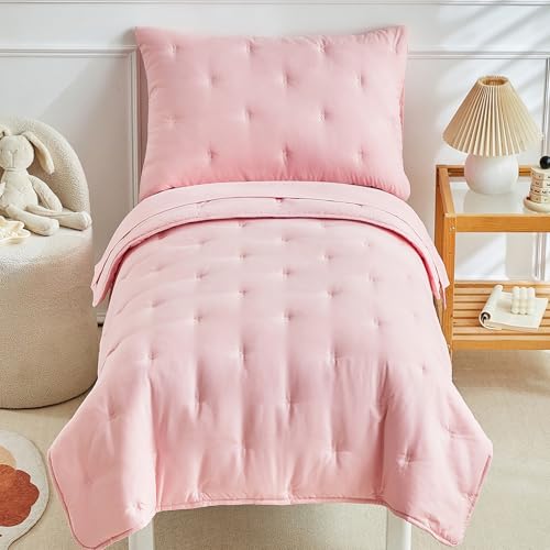 GIGBEI pink embroidery, toddler bedding, comforter set, fitted sheet, flat sheet, envelope pillowcase, soft sheets, crib bedding, adjustable, lightweight, durable, portable, piece, girls