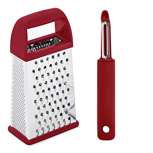 Gorilla Grip Box Grater And Vegetable Peeler, Box Grater Has Built In Container, Peeler Is Dishwasher Safe, Both In Red Color, 2 Item Bundle #TOP8