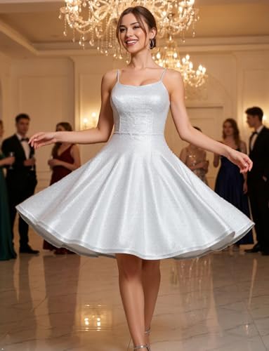 Image of Bbonlinedress Spaghetti Straps Sparkly Homecoming Dress Fit and Flare Glitter Mini Swing Semi Formal Prom Party Club Dress