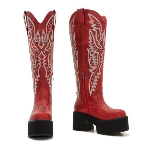 Women's Red Platform Cowgirl Boots with Zipper – Western Knee-High Chunky Sole Cowboy Boots3