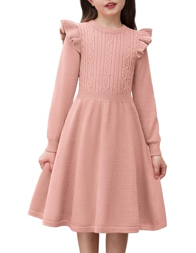 Arshiner Mädchen Pullover Kleid Strickkleid Herbst Winter Flatter Langarm Kleid A-Linie Einfarbig Festliches Kinder Freizeitkleid Rosa 8/7-8 Jahre