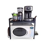 Extendable Microwave Stand with Storage, Spice Rack, Cutting Board Holder & Utensil Holder | 2 Tier Microwave Oven Rack Carbon Steel Holds 25kg | 4 Hooks Adjustable Microwave Shelf Black