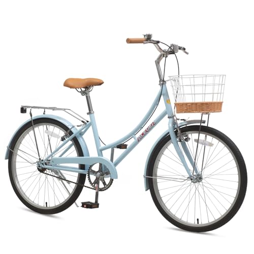 ACEGER 24 26 Inch Women Beach Cruiser Bike, Single Speed and 7 Speed, Adult Hybrid Bike Commuter Bicycle, Hi-Ten Steel Frame with Adjustable Handlebar and Saddle, Multiple