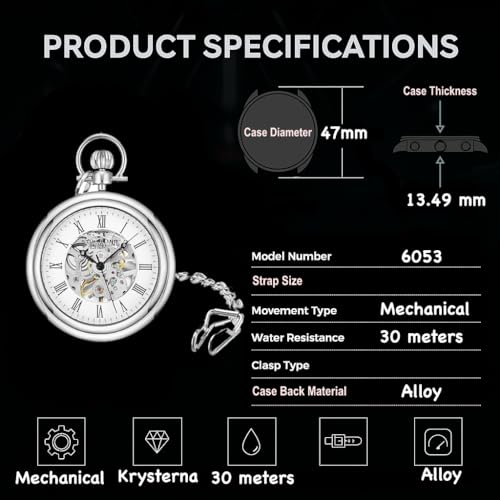 Stuhrling Original Men's Pocket Watch Stainless Steel Analog Skeleton Watch Hand Wind Mechanical Movement Stainless Steel Chain