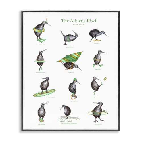 Kiwi Exercise Chart Bird Drawings, 11 x 14 Inch Framed Giclée Print