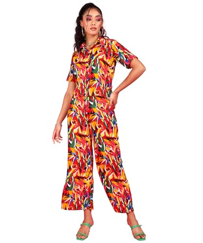 Image of POPWINGS Casual Floral Printed Monochrome Crop Shirt and Trouser Co-Ords Set for Women | Top and Bottom Set for Women |Printed Shirt and Trousers Set | Women Collar Shirt and Trousers Set Summer Wear