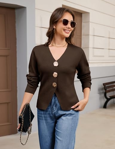 Daacee Cardigan Sweaters for Women V Neck Long Sleeve Gold Button Down Knit Cardigans Tops Outwear3