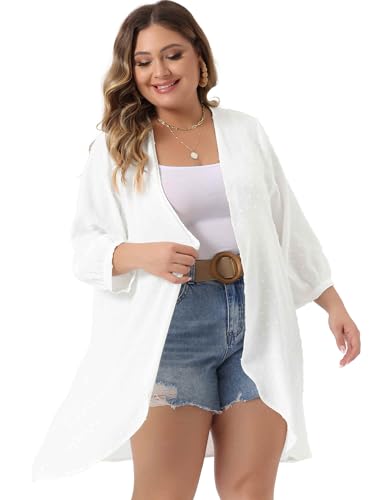 Image of Agnes Orinda Plus Size Cardigan for Women Open Front 3 /4 Sleeve Swiss Dots Lightweight Casual Cover Up