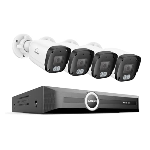 SANNCE Système de Caméras de Surveillance 5MP POE, NVR 4K 8CH avec Détection des Humains/Véhicules, Caméras Extérieures IP67, Accès à Distance (4 Caméras+NVR)