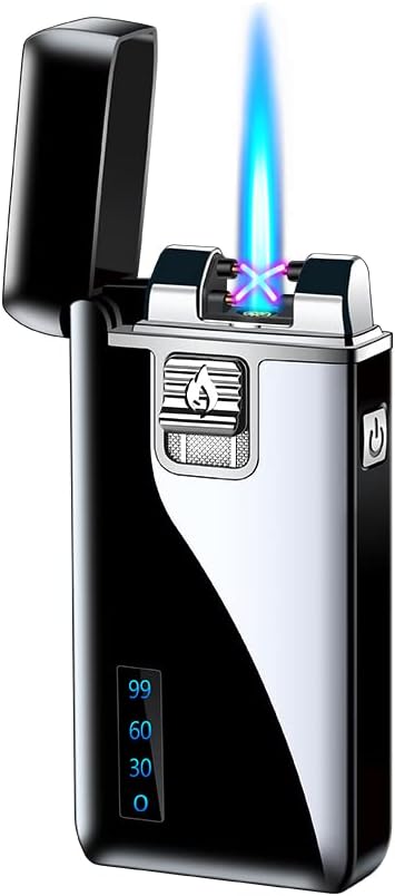 Torch Lighters Dual Arc Lighter 2 in 1 Jet Flame Butane Lighter Electric Lighter USB Rechargeable Lighter Windproof Infinity Lighter Battery Indicator for Camping Indoor (Black)