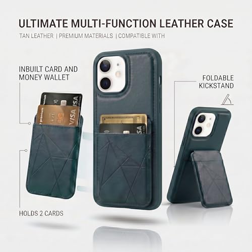 Image of amazon basics Premium Vegan Leather Back Cover with Card Holder and Integrated Mobile Stand for iPhone 12 - Slim Shockproof Wallet Case with Geometric Stitching [Blue]