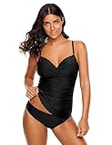 LookbookStore Tankini Swimsuits for Women Summer Black Ruched Wrap Front Tankini Top Solid Two Piece Swimsuit Set with Bikini Bottom Size L